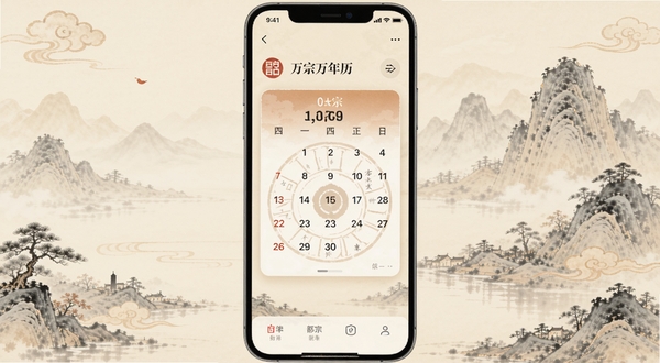 万宗万年历应用主界面全貌展示,画面中央为日历信息卡片,背景为淡雅的中国风山水纹理,整体色调柔和温暖,突出传统历法与现代手机界面的融合感