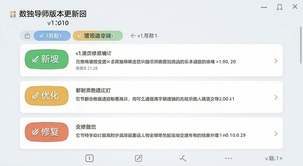数独导师版本更新界面截图,展示更新日志列表,包含新增、优化、修复三类标签,界面以卡片式布局呈现,背景为浅色,文字清晰,突出v1.0.10版本号