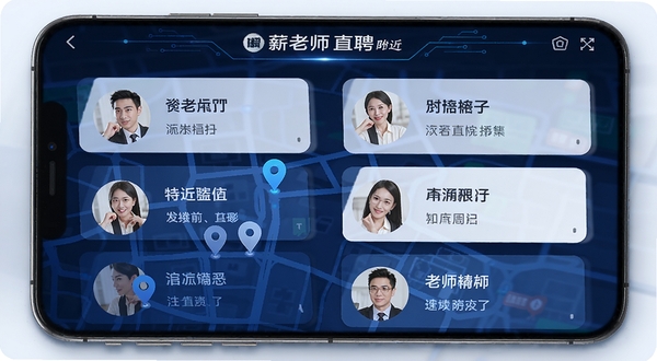 薪老师直聘 附近岗位推荐界面 手机地图上标注多个岗位坐标 求职者头像与岗位卡片并列展示 科技感蓝色调