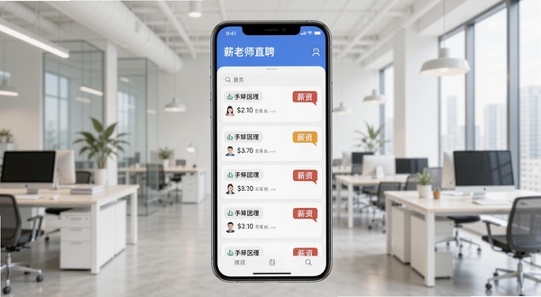 薪老师直聘 求职招聘界面展示 手机屏幕中显示岗位列表与薪资标签 背景为现代办公环境 明亮简洁风格