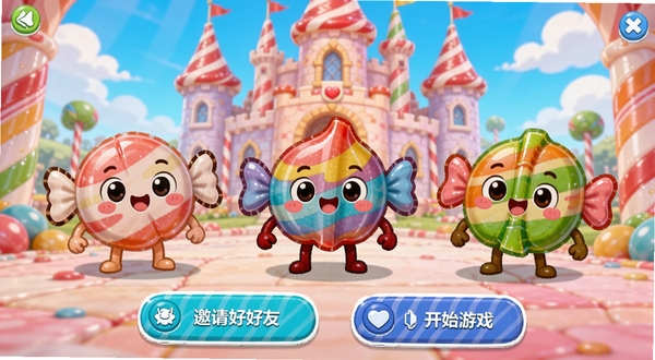 糖果大乱斗好友组队界面,画面中三个可爱的糖果角色并排站立在准备大厅,背景是明亮的糖果城堡,界面下方有邀请好友和开始游戏按钮,整体风格活泼可爱