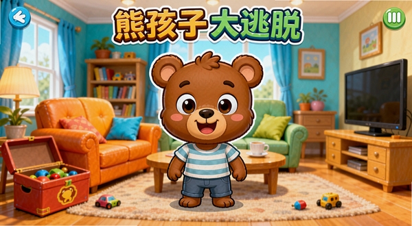 整体画面展示熊孩子大逃脱游戏主界面,一个卡通风格的熊孩子站在客厅中央,周围有沙发、茶几、玩具箱等家居元素,背景是温馨的家庭室内场景,色彩明亮活泼,画面中央突出熊孩子角色,背景区域填充客厅细节,构图饱满,适合游戏下载站头图使用
