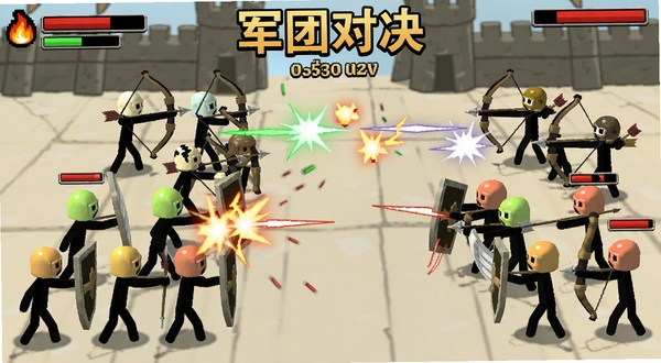 火柴人:军团对决免费版 对战进行中的画面,左右两方火柴人军团正在交战,前排盾兵举盾抵挡,后排弓箭手拉弓射击,画面带有简单的攻击特效和血量条