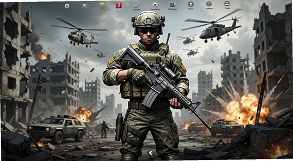 战地兵王2游戏主界面全景展示,画面中央为持枪特种兵角色站立姿态,背景区域为战火纷飞的现代城市废墟,远处有直升机盘旋与爆炸火光,整体色调偏向写实军事风格,画面比例16:9,细节清晰,适合游戏下载站头图使用