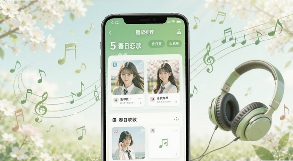 春日恋歌APP内智能推荐界面 手机屏幕展示每日推荐歌单 周围环绕音符和耳机 清新绿色调