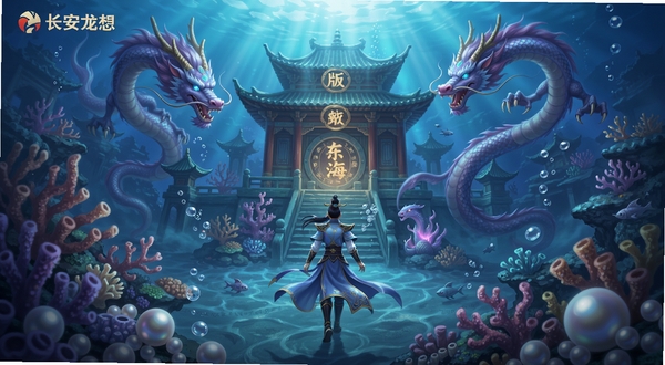 长安幻想 新版本东海龙宫场景 海底宫殿 珊瑚礁与珍珠 龙族妖灵盘旋 玩家角色在水中行走 气泡与光影效果 蓝紫色调 神秘唯美