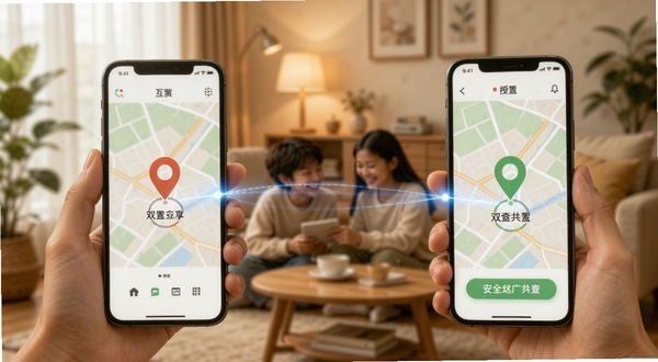 手机定位互查双向授权位置共享界面,画面中两部手机通过虚拟连线连接,地图上显示两个定位图标,背景为温馨家庭场景,风格柔和,体现安全互查概念