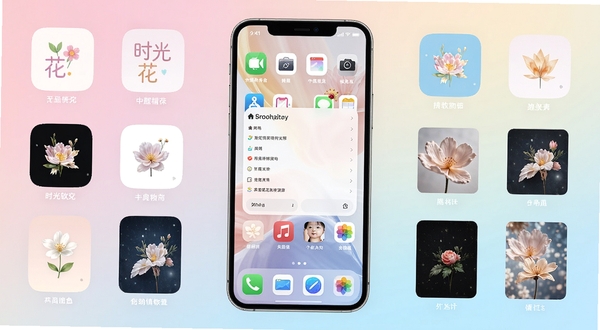 时光花软件主界面展示,画面中央为手机桌面预览效果,背景为柔和的渐变色彩,周围环绕各类主题图标和壁纸缩略图,整体风格清新明亮,突出个性化美化主题