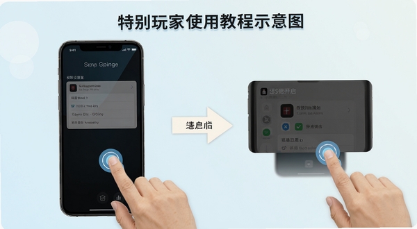 特别玩家使用教程示意图,手机屏幕显示权限设置界面与悬浮窗开启步骤,画面中有手指点击操作示意,背景简洁清新,突出操作引导流程