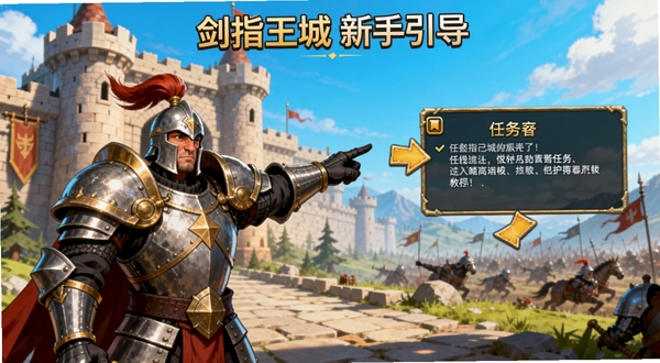 剑指王城新手引导界面风格图,画面展示一位身穿铠甲的领主站在城堡门前,手指向远处的战场,旁边有任务提示框和箭头指引,整体色调明亮,适合作为教程配图