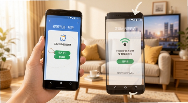 ����WiFi������� ʹ�ý̳�ʾ��ͼ������չʾһֻ�����Ű�׿�ֻ�����Ļ����ʾȨ�޿�������ҳ�棬����Ϊ�Ӽҿ���������ɫ����ů������ͻ������ָ�����׺���