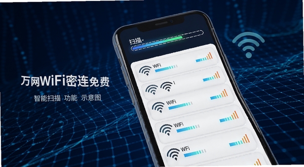 ����WiFi������� ����ɨ�蹦��ʾ��ͼ������չʾ�ֻ���Ļ�ж��WiFi�ź����б���ʽ���У�ÿ���ź�����ǿ��ָʾ����������ɨ�������������Ϊ����ɫ����������ͻ���Ƽ�����Ч�ʸ�