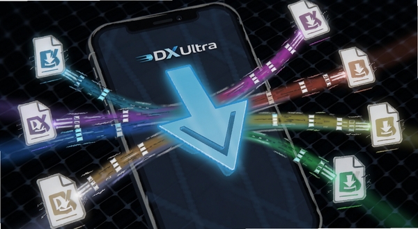 一幅表现DX Ultra多线程下载引擎工作原理的插画。画面主体为手机屏幕中央的一个发光下载箭头,箭头周围分出多条彩色数据流线条,分别连接到不同的小文件图标上。背景区域为深色科技感网格,线条带有速度感光效,整体视觉突出高速与并发。