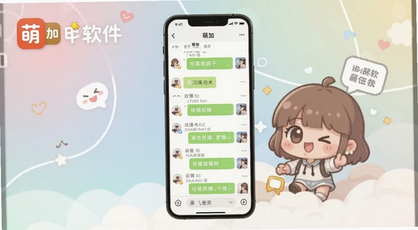 萌加软件主界面全貌展示,画面主体为手机屏幕中的聊天列表与卡通风格主题背景,背景区域为柔和渐变浅色,突出萌加官方标志与社交氛围,整体风格清新可爱,适配Boogu模型生成