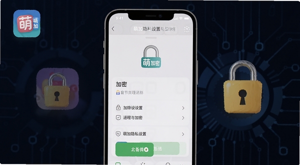 萌加隐私设置与消息管理界面,画面主体为手机屏幕中的应用锁与加密选项,背景区域为深色科技感渐变,细节包含萌加图标与安全锁元素,整体风格沉稳可靠