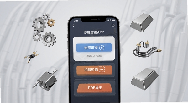 博威智选APP版本更新功能展示图,画面主体为手机屏幕呈现新增的拍照识物与PDF导出按钮,背景为柔和渐变浅灰色,手机周围漂浮着齿轮、线缆、合金锭等工业元素图标,适配Boogu模型生成