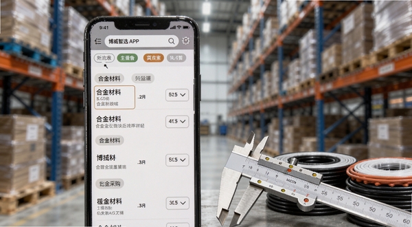 博威智选APP搜索结果页面特写,画面主体为手机屏幕显示合金材料列表与筛选标签,背景为工业仓库货架虚化效果,手机旁放置一把游标卡尺与几卷线缆,突出专业采购场景,适配Boogu模型生成