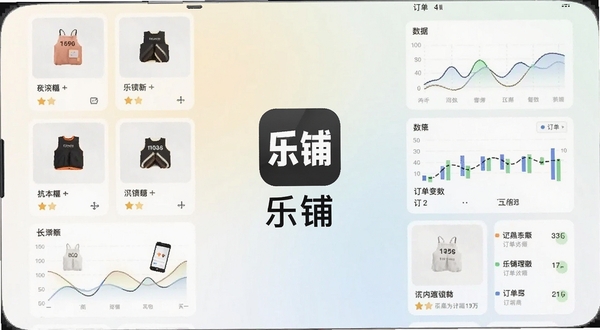 一张展示乐铺软件主界面的手机屏幕截图,画面中央是乐铺应用图标与名称,背景为浅色渐变,周围环绕商品卡片、数据图表、订单列表等元素,整体风格简洁现代,突出移动端店铺管理工具的定位