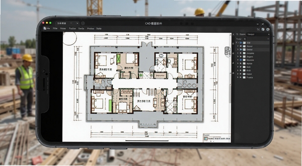 CAD看图工地软件打开大型建筑图纸的渲染效果图,手机屏幕上显示复杂的建筑平面图,线条细腻,色彩分明,周围有图层管理面板,工地背景虚化,适配Boogu模型生成