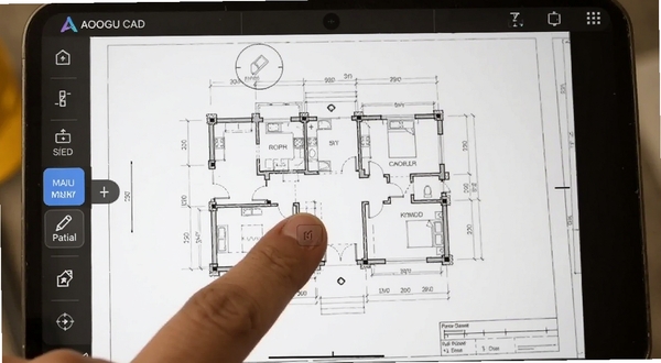 CAD看图工地移动端操作界面截图,手指在屏幕上缩放建筑图纸,工具栏高亮显示测量与批注按钮,背景为简洁的白色图纸区域,适配Boogu模型生成