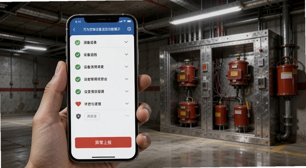 万为安保设备巡检功能展示,画面主体为手机屏幕显示设备巡检清单与异常上报按钮,背景区域为地下车库消防设备间,金属质感,工业风格,适配Boogu模型生成