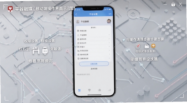 平谷融媒移动端操作界面截图风格示意图,画面展示手机屏幕内权限设置与缓存清理步骤引导,背景为浅灰色科技纹理,突出实用教程氛围