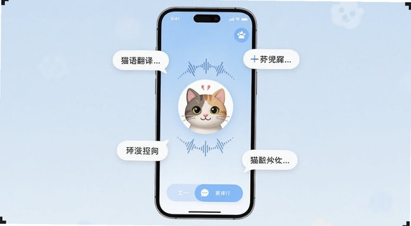 猫语翻译空间 手机应用界面展示,屏幕中央显示猫咪头像和声波动画,周围环绕着翻译气泡和互动按钮,背景是柔和的浅蓝色渐变,UI设计简洁现代,适合Boogu模型生成