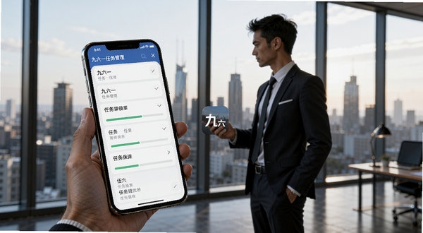 九六一任务管理界面特写,画面主体为手机屏幕中显示的任务列表与进度条,一名职场人士手持手机站在办公室窗前,背景为城市天际线剪影,光影层次丰富,突出高效办公氛围,画面中自然融入九六一应用图标