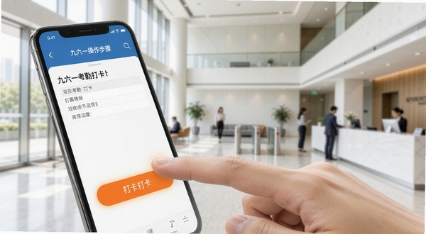 九六一考勤打卡操作步骤示意图,画面展示手机屏幕中考勤界面与打卡按钮高亮状态,手指即将触碰屏幕的瞬间特写,背景为写字楼大堂环境,光线明亮清晰,整体风格简洁直观,适合作为操作教程配图