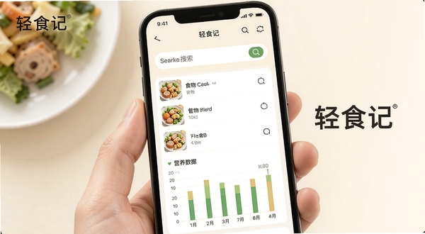 ��ʳ��������ʳ��¼���ܽ��棬�ֻ���Ļ��ʾʳ�������б���Ӫ������ͼ��������Ϊ����װ�ɫ������������ʳ�����ֱ�ʶ������������Ȼ