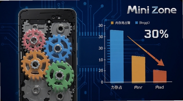 Mini Zone 低功耗引擎运行示意图,画面左侧展示一部安卓手机内部有多个彩色齿轮平稳运转,右侧用对比柱状图显示内存占用下降30%的视觉效果,背景为深蓝色渐变,点缀电路板纹理与Mini Zone标志,科技感十足,适配Boogu模型生成
