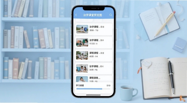 治学课堂在线学习平台主界面全貌,手机屏幕居中显示课程列表与学习进度条,背景为淡蓝色渐变书架与文具元素,画面风格清新简约,适配Boogu模型生成,alt=