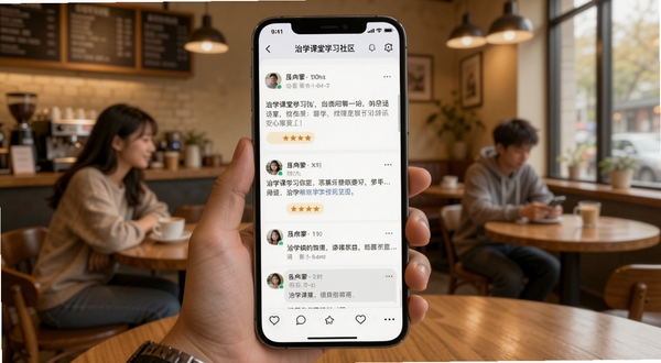 治学课堂学习社区界面,手机屏幕显示问答帖子列表与用户互动评论,背景为暖色调的咖啡厅场景,画面轻松友好,适配Boogu模型生成,alt=