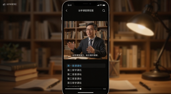 治学课堂手机端课程播放界面,屏幕中央显示教师授课画面与同步字幕,下方为章节列表和进度条,背景为柔和的书房灯光氛围,画面温馨专注,适配Boogu模型生成,alt=