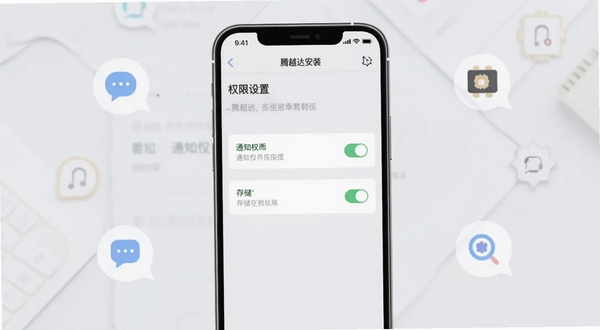 腾越达安装设置界面示意图,画面展示手机屏幕上的权限设置页面,包含通知权限和存储权限开关,背景为浅色系统设置界面风格,手机周围有简洁的图标装饰,整体色调柔和清晰