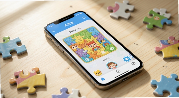 �����������һ�������ֻ�����Ļ����ʾ����ȥƴͼ��ƴͼ�ؿ����棬����ɢ���ż����ɫƴͼ��Ƭ������Ϊ��ܰ��ǳľɫ���棬�����Ȼ������Ͻ����䣬�������������죬ͻ���������Ƿ�Χ