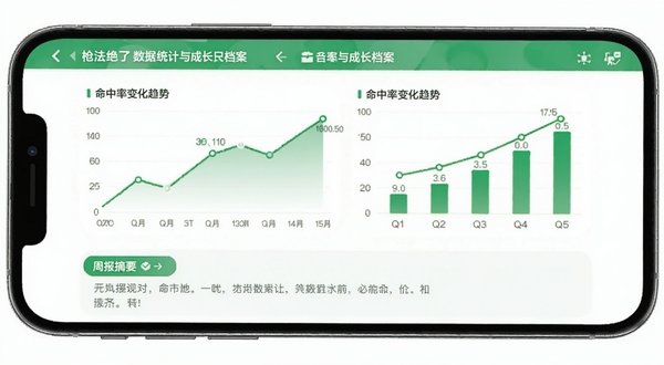 这枪法绝了 数据统计与成长档案界面,手机屏幕上显示折线图和柱状图,展示命中率变化趋势,下方有周报摘要文字,界面配色清新,以绿色和白色为主