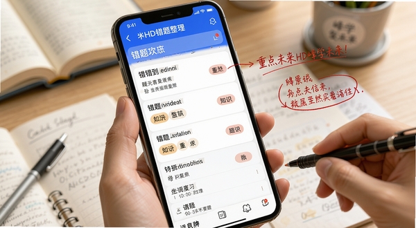 峰学未来HD错题整理功能界面,手机屏幕上显示错题列表与知识点标签,旁边有红色笔迹标注的重点提示,整体画面突出学习复盘氛围
