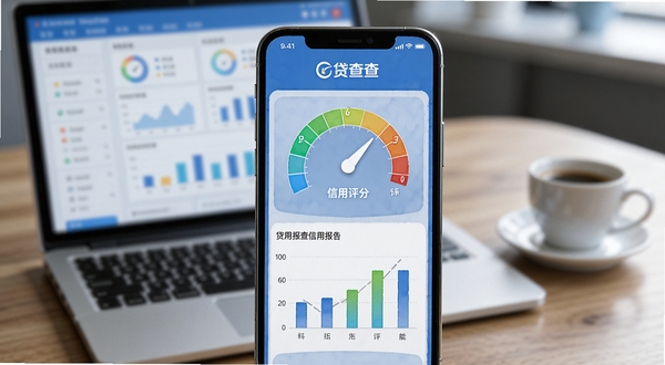 贷查查信用报告生成功能界面,画面中央为手机屏幕特写,屏幕上展示彩色信用评分仪表盘和柱状图,背景区域为模糊的办公桌面环境,有笔记本电脑和咖啡杯,整体色调偏商务蓝,突出专业可信赖的感觉