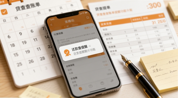 贷查查账单提醒功能展示,画面主体为手机屏幕弹出还款提醒通知,背景为日历与账单表格的虚化图层,整体采用暖橙色与白色搭配,营造温馨提醒的氛围,手机旁边放置一支钢笔和便签纸