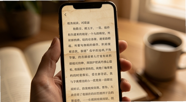 极简阅读器 阅读界面 文字排版精致 背景为护眼羊皮纸色 字体清晰锐利 边缘有柔和阴影 手机竖屏握持视角 温馨阅读氛围