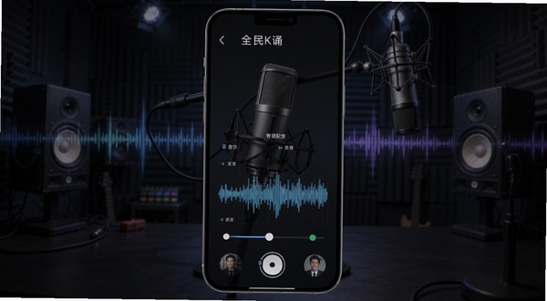 全民K诵 智能配音界面 手机屏幕显示音效调节滑块与波形图 背景为深色录音棚风格 有麦克风与声波元素 科技感十足 适配Boogu模型生成