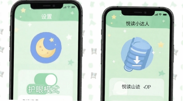 悦读小达人APP设置界面展示护眼模式开关与离线缓存管理,界面简洁,有月亮图标与下载箭头,背景为浅绿色护眼色调,文字清晰