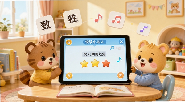 悦读小达人APP内儿童有声绘本跟读界面,明亮温馨的儿童房背景,卡通动物角色坐在书桌前,平板电脑屏幕显示朗读打分星级,周围漂浮着汉字卡片与音符图标,整体风格活泼可爱,色彩柔和