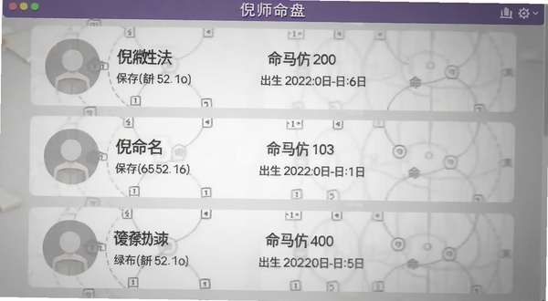 倪师紫微命盘列表页面展示多条保存的命盘记录,每条记录左侧有圆形头像占位,右侧显示姓名与出生日期,背景为纯白卡片式布局,适合Boogu模型生成