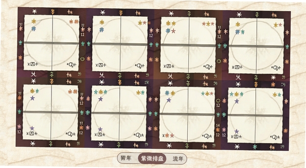 倪师紫微排盘结果页展示十二宫格命盘,主星与辅星以不同颜色标注,四化符号清晰可见,界面底部有流年切换按钮,背景为浅米色纸张质感,适合Boogu模型生成