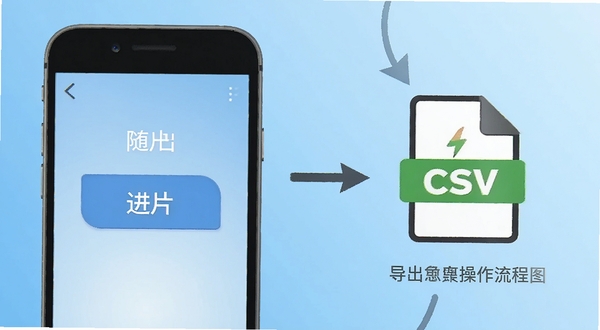随身健康仪的数据导出操作流程图解风格,手机屏幕显示导出按钮和CSV文件图标,背景是简洁的蓝色渐变,画面清晰直观