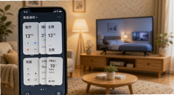 ���ܿյ�ң��ͨ��+���豸�������棬����չʾһ���ֻ���Ļ���ж���յ�ң�ؿ�Ƭ���ֱ��ע���������ԡ��鷿�����ƣ�ÿ����Ƭ��ʾ��ǰ�¶Ⱥ�����ģʽ������Ϊ��ܰ�ļҾӳ�����ɫ����ͣ����ֶ��豸���й����ı�����