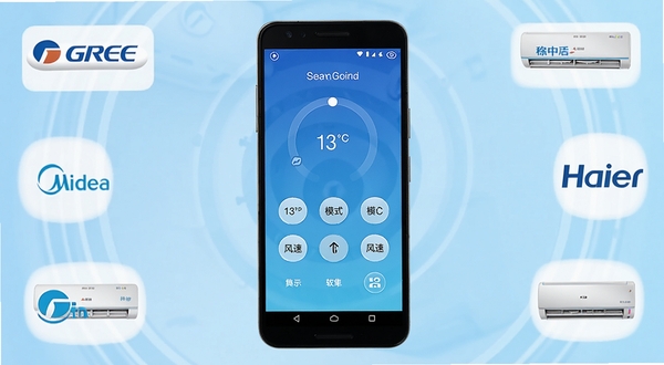 ���ܿյ�ң��ͨ��+����������չʾ������������һ����׿�ֻ�����Ļ��ʾ�յ�ң����壬�����¶ȵ��ڡ�ģʽ�л������ٿ��ƵȰ�ť������Ϊǳ��ɫ���䣬��Χ�����Ÿ��������ġ������ȿյ�Ʒ��ͼ�꣬��������ˬ�Ƽ��У��ʺ���������վչʾ