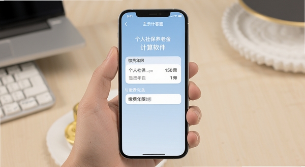 个人社保养老金计算软件主界面展示,手机屏幕中央显示养老金计算结果与缴费年限输入框,背景为淡蓝色渐变,画面简洁清晰,突出工具类应用的专业感与易用性
